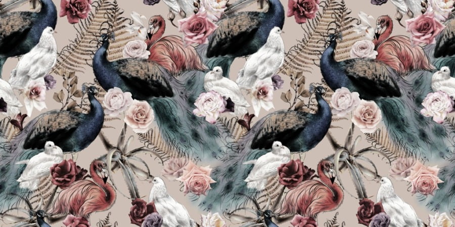 Wandbild mit weißen Tauben und Pfauen zwischen bunten Rosen Bunte Vögel zwischen Rosenblüten - Bild Nummer 2