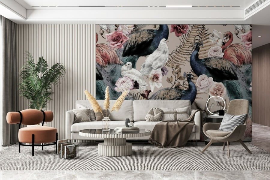Wandbild mit weißen Tauben und Pfauen zwischen bunten Rosen Bunte Vögel zwischen Rosenblüten - Hauptproduktbild