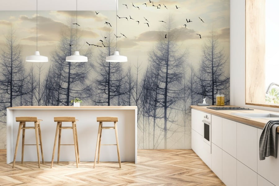 Fototapete mit Bäumen und fliegenden Vögeln in Schwarz Black Birds Over Trees - Hauptproduktbild