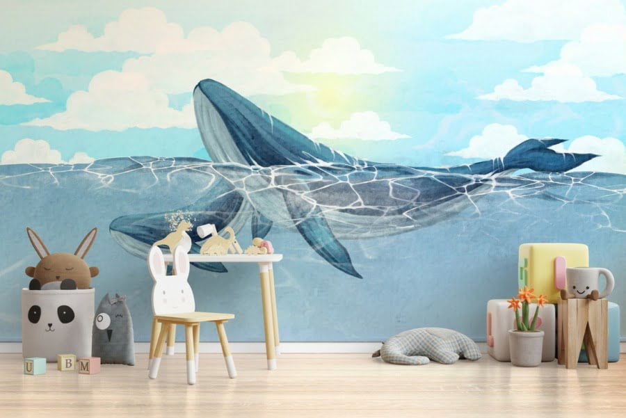 Fototapete mit einem kleinen und einem großen Wal, die im Meer schwimmen Two Whales For Baby - Hauptproduktbild