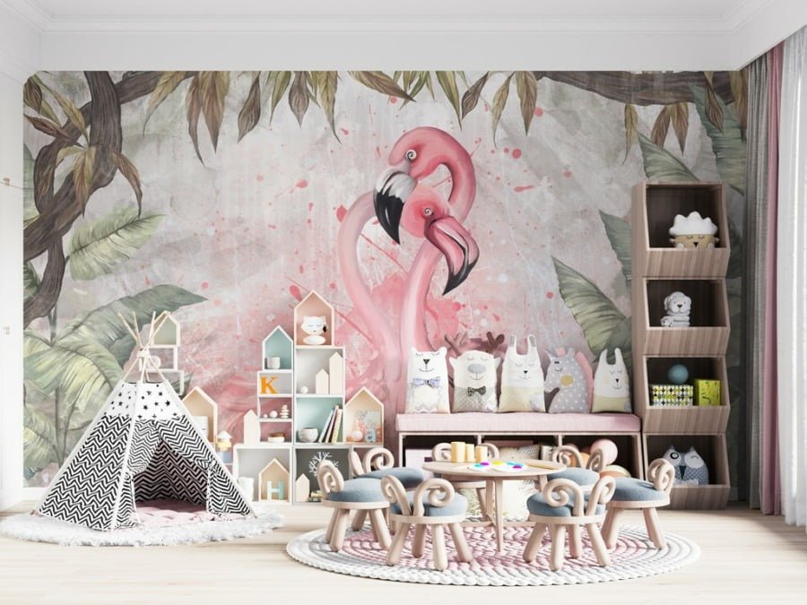 Fototapete mit einem Flamingo-Paar in den Tropen Flamingos in einer Umarmung im Schlafzimmer - Hauptproduktbild