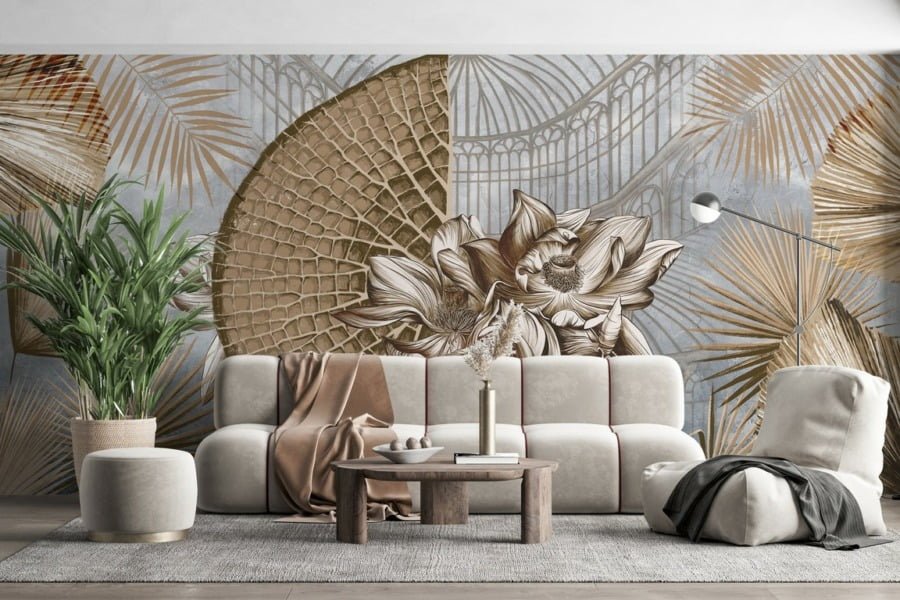 Exotische Blumen Wandbild in Bronze Lily Blossom und Palm Leaves - Hauptproduktbild