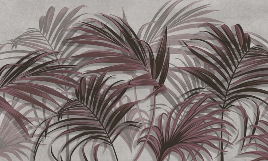Fototapete mit bordeauxfarbenen Palmenblättern auf grauem Hintergrund Palmenblätterwald - Bild Nummer 2