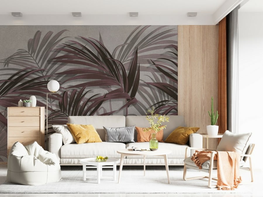 Fototapete mit bordeauxfarbenen Palmenblättern auf grauem Hintergrund Palmenblätterwald - Hauptproduktbild