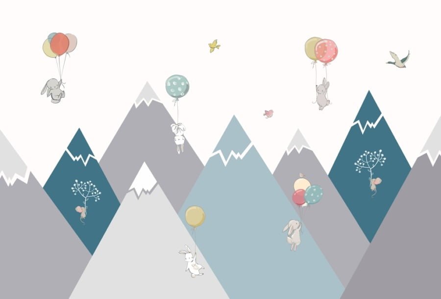Fototapete mit Hasen auf Ballons über Berggipfeln Flying Bunnies in the Mountains für Kinderzimmer - Bild Nummer 2