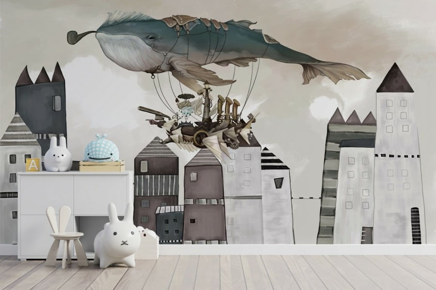Fototapete Illustration eines Wals über Gebäude Flying Whale Over City For Baby - Hauptproduktbild