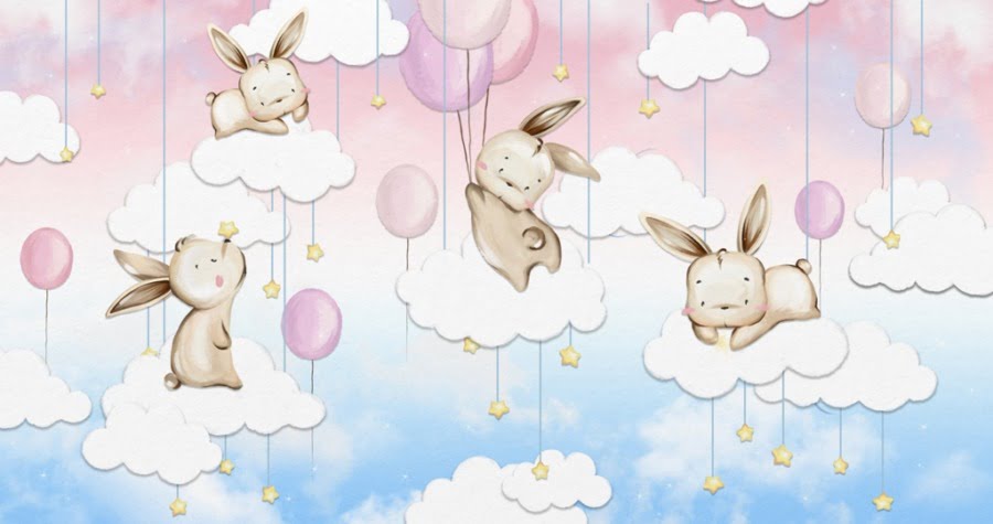 Fototapeta z króliczkami na chmurkach wśród różowych balonów Małe Króliczki Na Chmurkach do pokoju dziecęcego - zdjęcie numer 2