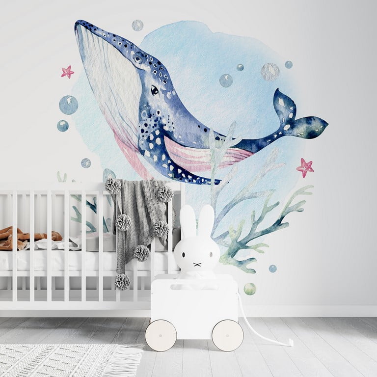 Fototapete mit einem im Meer schwimmenden Blauwal Floating Whale For Baby - Hauptproduktbild