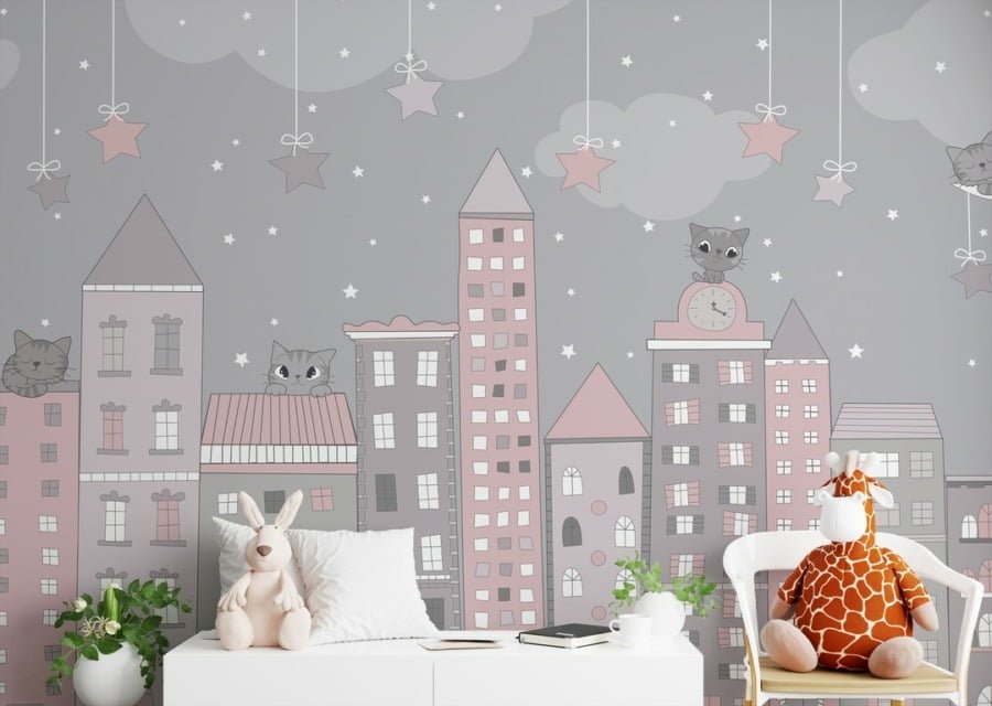 Stadt bei Nacht schlafende Stadt Illustration Tapete für Baby-Zimmer - Hauptproduktbild