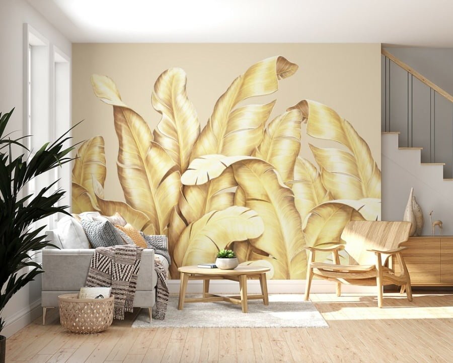 Fototapete mit großen goldenen Bananenblättern In Golden Leaves für Wohnzimmer - Hauptproduktbild