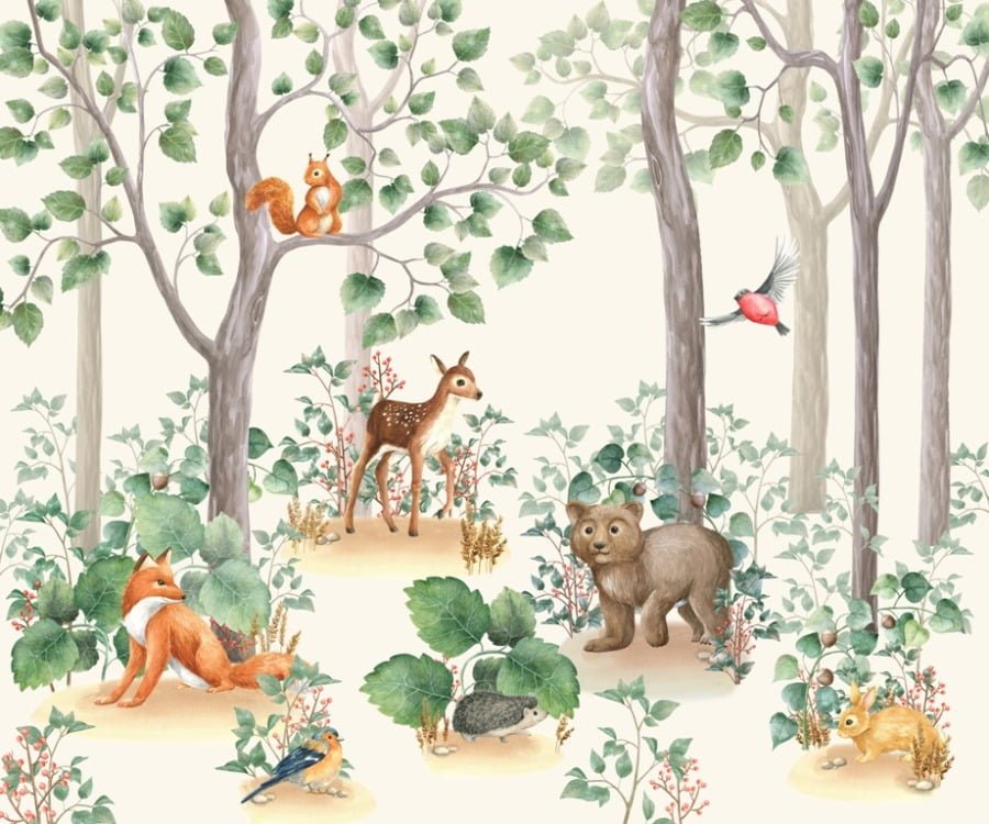 Tapete mit fröhlichen Tieren in einem grünen Wald Waldtiere für Kinderzimmer - Bild Nummer 2