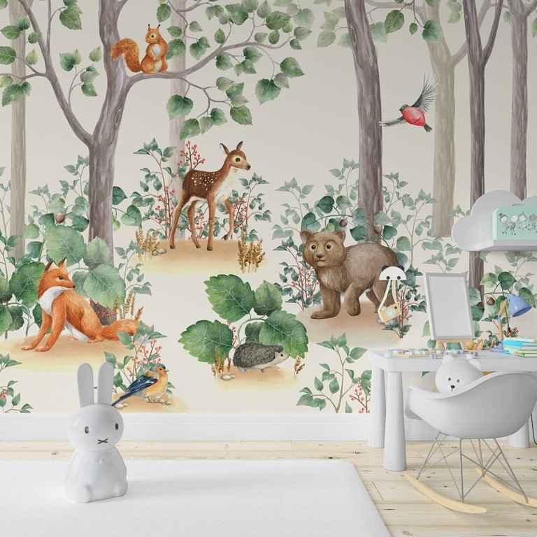 Tapete mit fröhlichen Tieren in einem grünen Wald Waldtiere für Kinderzimmer - Hauptproduktbild