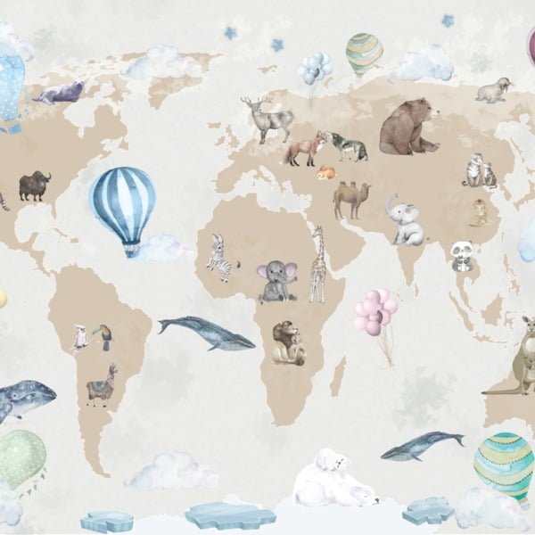Fototapete Tiere auf einer Weltkarte