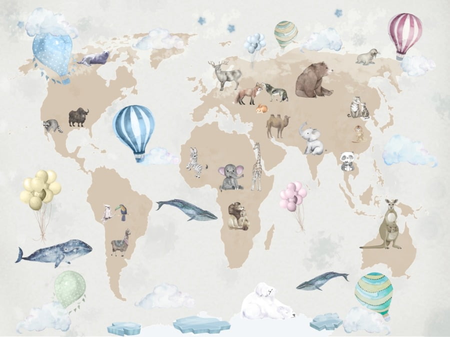 Fototapete mit bunten Tieren und Luftballons auf einer Landkarte Tiere auf einer Weltkarte für Kinderzimmer - Bild Nummer 2