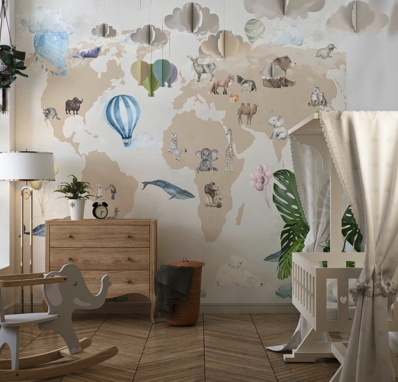 Fototapete mit bunten Tieren und Luftballons auf einer Landkarte Tiere auf einer Weltkarte für Kinderzimmer - Hauptproduktbild