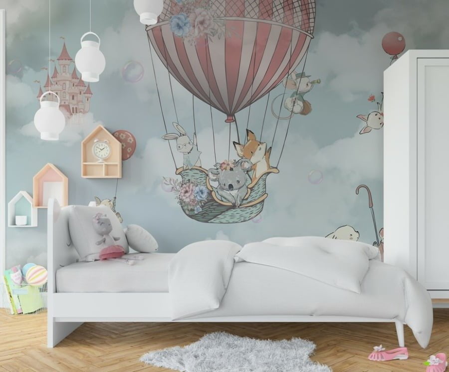 Fototapete mit Tieren fliegen in den Wolken Tiere in einem bunten Ballon für Kinderzimmer - Hauptproduktbild