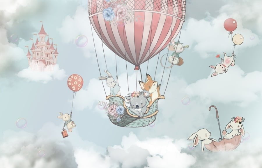 Fototapete mit Tieren, die in den Wolken fliegen Tiere in einem bunten Ballon für Kinderzimmer - Bild Nummer 2