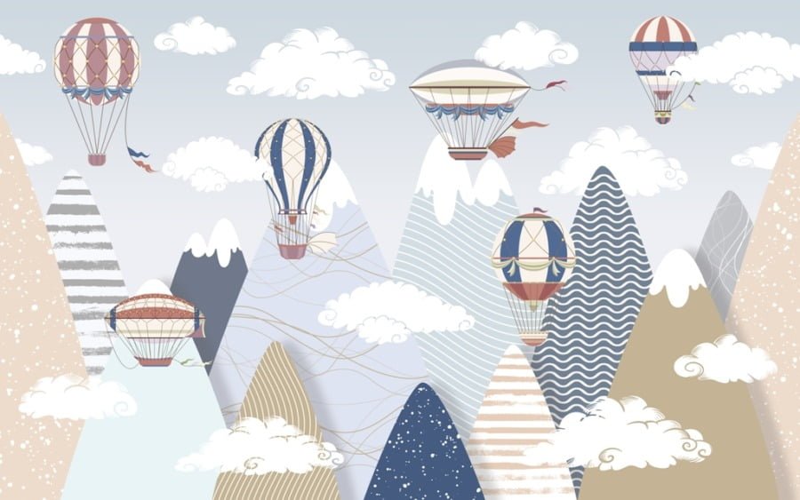 Berg Illustration Fototapete Ballons Fliegen über Berge für Kinder - Bild Nummer 2