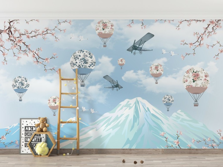 Fototapete in blau mit Bergen und Wolken Ballons und Flugzeuge im Land der Kirschblüte für Kinderzimmer - Hauptproduktbild