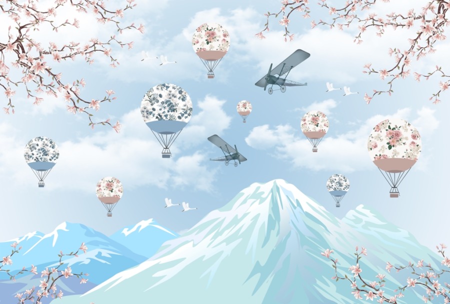 Fototapete in blau mit Bergen und Wolken Ballons und Flugzeuge im Land der Kirschblüte für Kinderzimmer - Bild Nummer 2