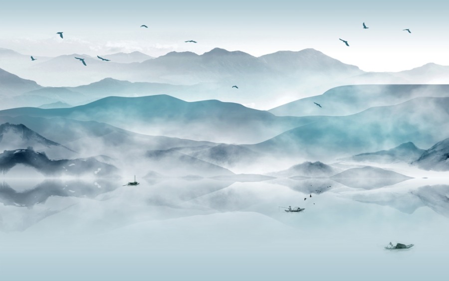 Fototapete mit einer Bergkette im Nebel Boundless Blue - Bild Nummer 2