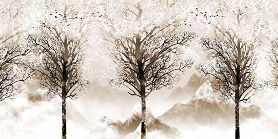 Wandmalerei mit blattlosen Bäumen und fliegenden Vögeln Dunkle blattlose Bäume - Bild Nummer 2