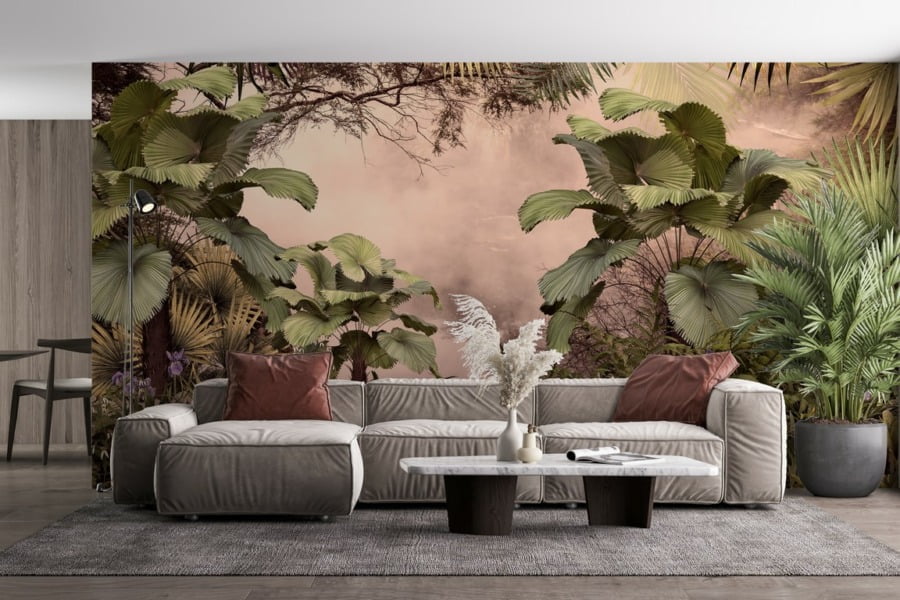 Fototapete mit exotischen Pflanzen in Rosa Warme Farben unter tropischen Pflanzen - Hauptproduktbild