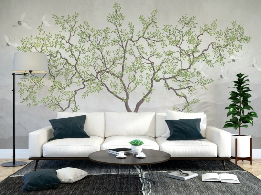 Fototapete mit japanischem Motiv eines Baumes und abfliegenden Kranichen Delicate Tree - Hauptproduktbild