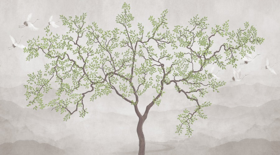 Fototapete mit japanischem Motiv eines Baumes und abfliegenden Kranichen Delicate Tree - Bildnummer 2