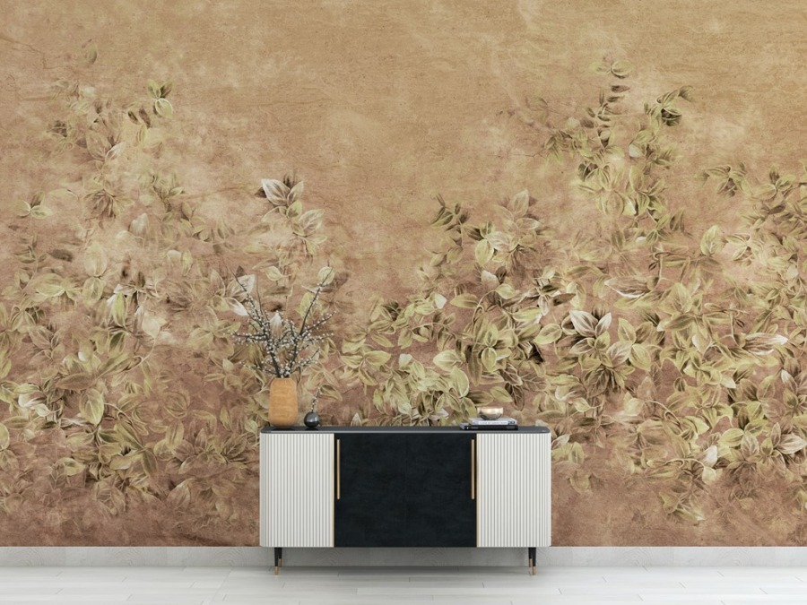 Florales Wandbild auf braunem Hintergrund Feine Blätter in warmen Brauntönen - Hauptproduktbild