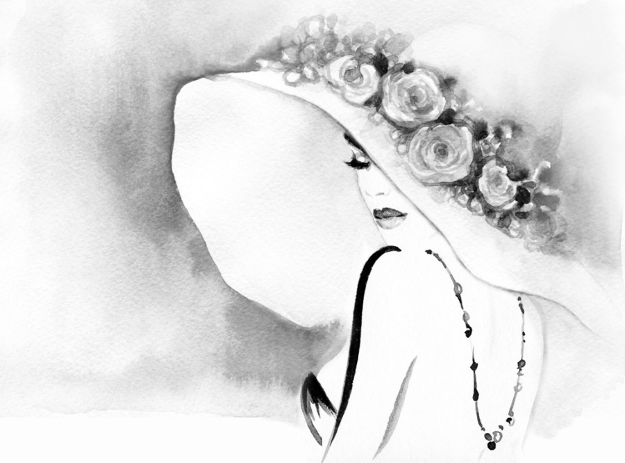 Fototapete in schwarz und weiß Mädchen mit großem Hut für Wohnzimmer - Bild Nummer 2