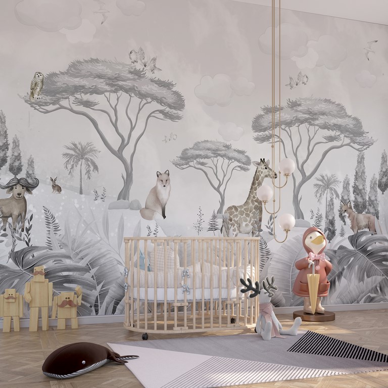 Fototapete mit verschiedenen Tieren in gedeckten Farben Wilde Tiere in Grau für Kinder - Hauptproduktbild