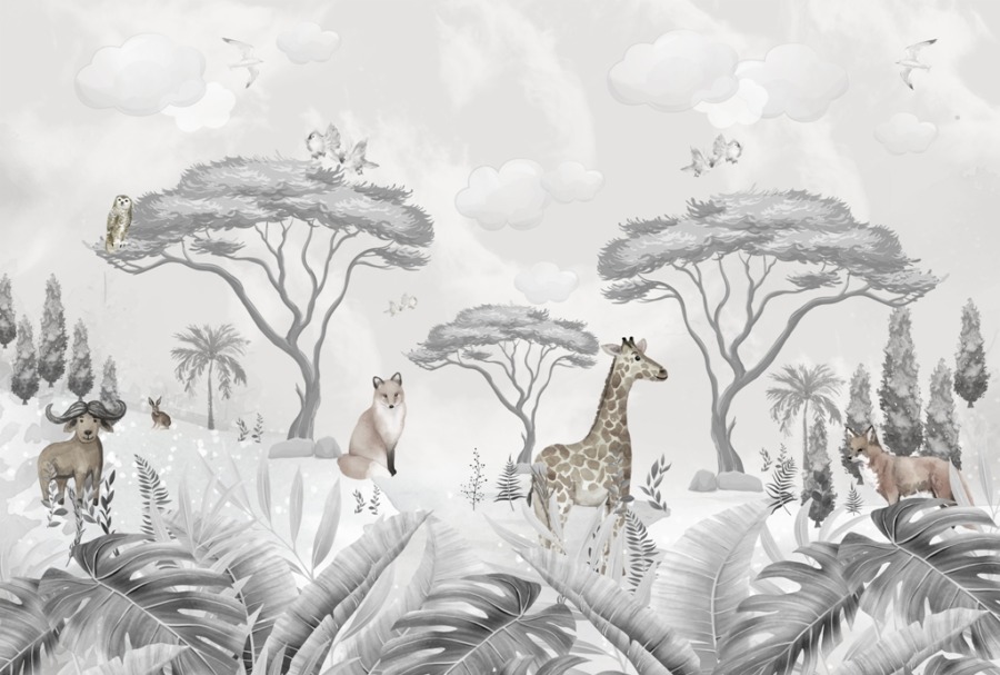 Fototapete mit einer Vielzahl von Tieren in gedeckten Farben Wilde Tiere in Grau für Kinder - Bild Nummer 2