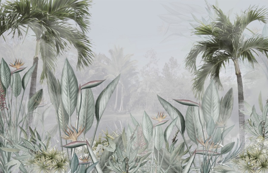 Tropische Pflanzen hinter dem Nebel Exotische Blumen und Palmen im Nebel Fototapete für das Wohnzimmer - Bildnummer 2
