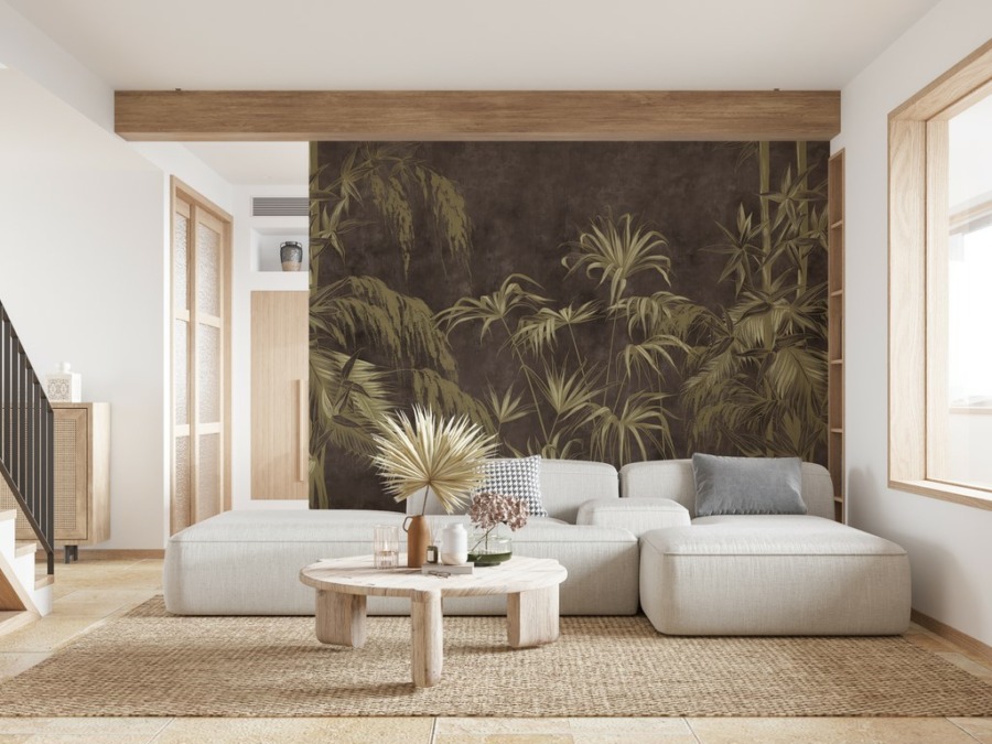 Fototapete mit grünen langen Palmenblättern auf schokoladenfarbenem Hintergrund Exotische Pflanzen auf dunklem Hintergrund für das Wohnzimmer - Hauptproduktbild
