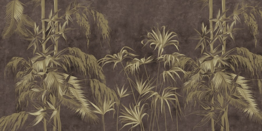 Fototapete mit grünen, langen Palmenblättern auf einem schokoladenfarbenen Hintergrund Exotische Pflanzen auf dunklem Hintergrund für das Wohnzimmer - Bildnummer 2