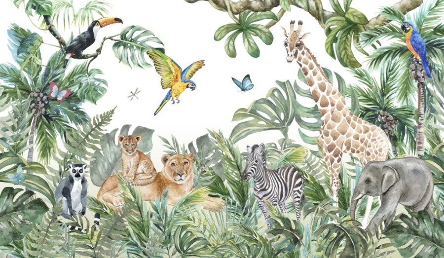 Fototapeta z kolorowym krajobrazem tropikalnej dżungli Egzotyczne Zwierzęta Dla Dzieci - zdjęcie numer 2
