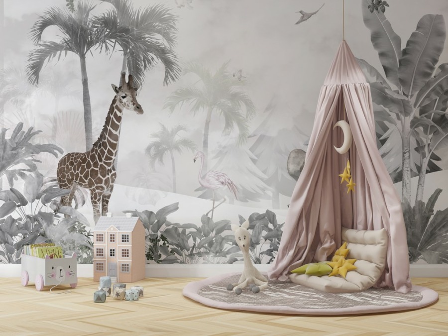 Fototapete Giraffe und Elefant in grau und weiß Exotische Tiere im Nebel für Kinder - Hauptproduktbild