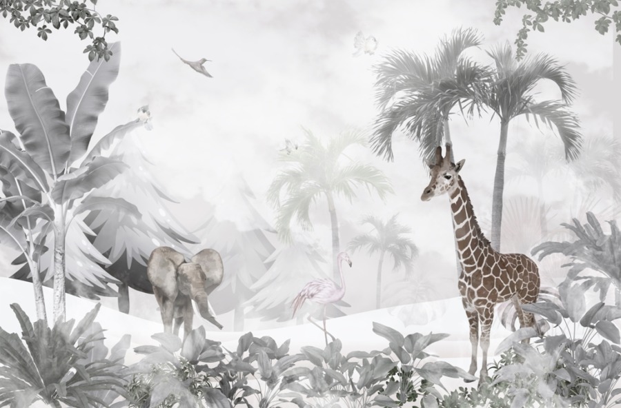 Giraffe und Elefant Fototapete in Grau und Weiß Exotische Tiere im Nebel für Kinder - Foto 2