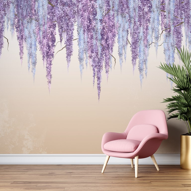 Fototapete mit klarem Blumenmotiv auf beigefarbenem Hintergrund Girland of Purple Flowers - Hauptproduktbild