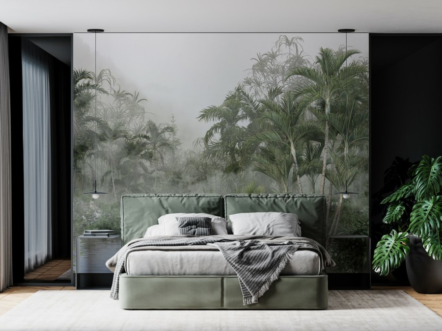 Fototapeta z tropikalnym krajobrazem we mgle Jezioro Wśród Egzotycznych Kwiatów do sypialni - główne zdjęcie produktu