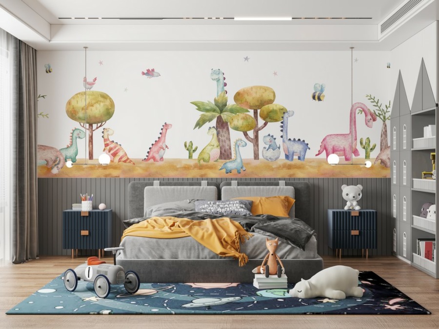 Lächelnde Tiere Bunte Dinosaurier Fototapete für Kinderzimmer - Hauptproduktbild