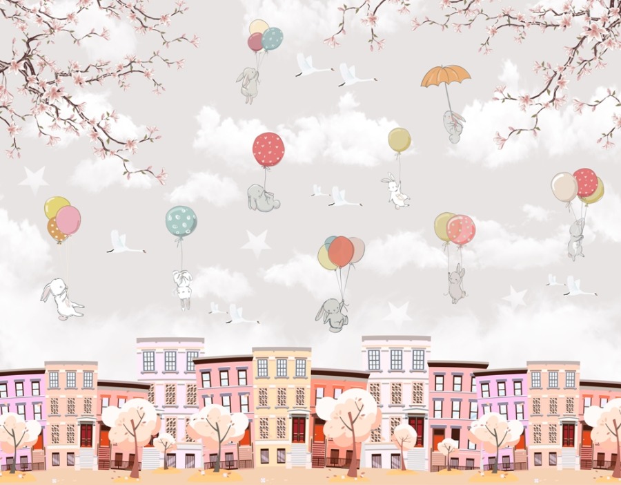 Fototapeta ze zwierzątkami fruwającymi na balonikach nad wysokimi kamienicami Króliczki Nad Różowym Miastem dla dzieci - zdjęcie numer 2