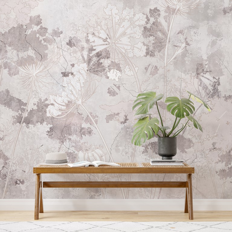 Fototapete mit grauer rissiger Wand und zartem Blumenmotiv Blumen auf grauer Wand - Hauptproduktbild