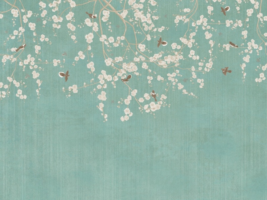 Fototapete mit blühenden Zweigen, kleinen Vögeln auf einem uneinheitlichen Hintergrund Blühend in Weiß auf einem uneinheitlichen Hintergrund - Bild Nummer 2