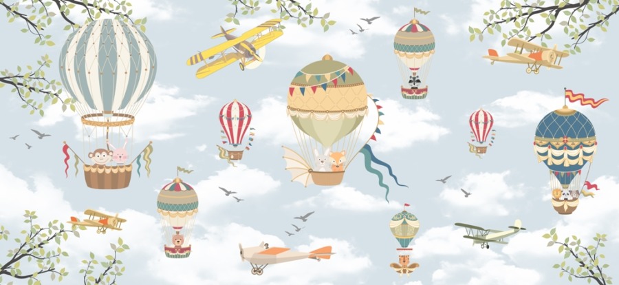 Fototapete mit bunten Luftballons und Flugzeugen Fliegende Tiere zwischen den Wolken für Kinder - Bild Nummer 2