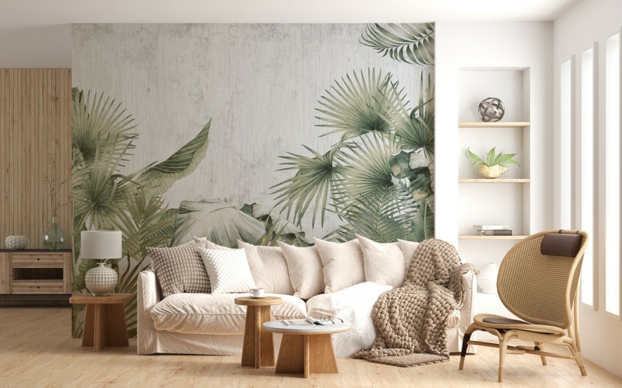 Fototapete mit exotischen Pflanzen in grau Palmwedel auf grauem Hintergrund - Hauptproduktbild