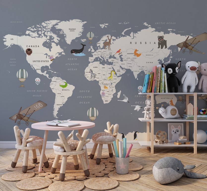Wandbild der Verteilung der Tiere auf den Kontinenten Weltkarte für Kinder - Hauptproduktbild
