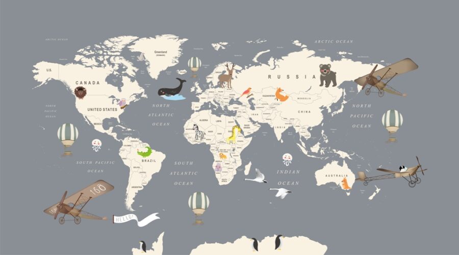 Fototapete mit der Anordnung der Tiere auf den Kontinenten Weltkarte für Kinder - Bild Nummer 2