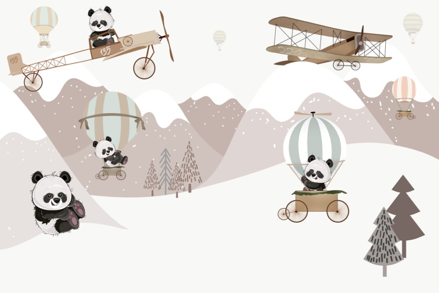 Fototapete mit winterlicher Berglandschaft und alten Flugzeugen Teddybären im Schnee für Kinder - Bild Nummer 2